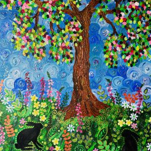 colourful Tree print with flowers and 2 hares