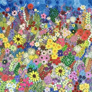 A large painting of colourful garden flowers